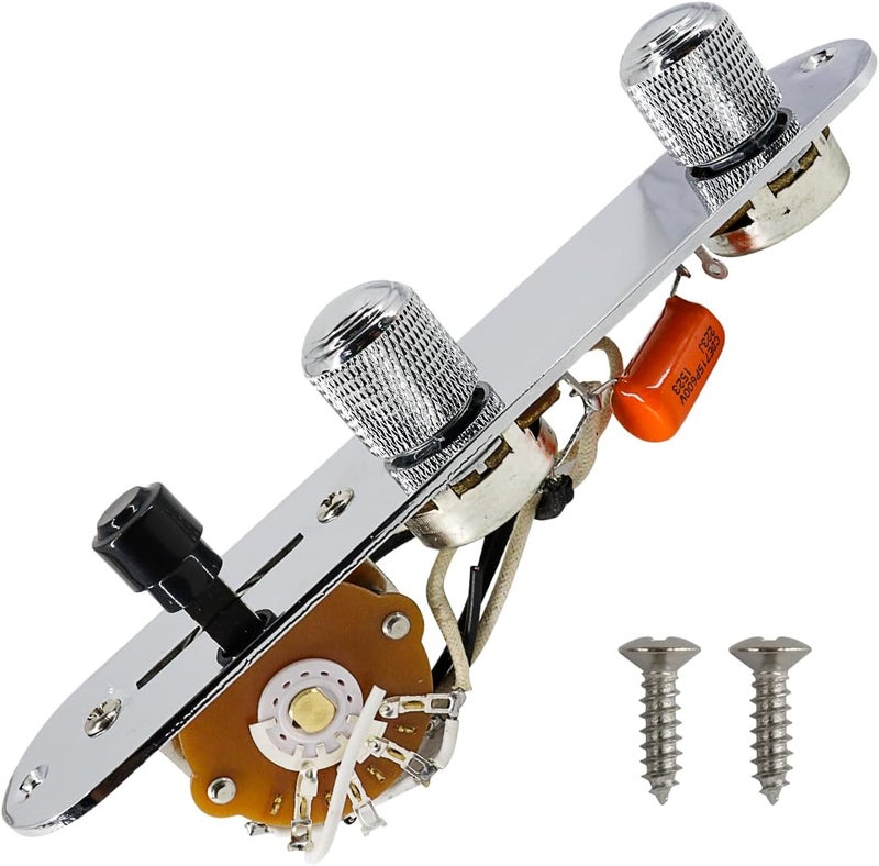 Domofa Fully Loaded Guitar Control Plate Prewired 3-Way Switch 250K Large Potentiometers Knurled Volume Tone Controls Knobs for Tele/Telecaster Electric Guitar Parts Replacement (Chrome) - Image 1